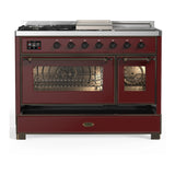 ILVE Majestic III 48-inch Dual Fuel Range with 5 Natural Gas Burner, Griddle, French Top and Triple Glass Door Electric Oven in Burgundy with Burnished Trim (UM48FSNR3BUB)