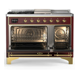 ILVE Majestic III 48-inch Dual Fuel Range with 5 Liquid Propane Burner, Griddle, French Top and Triple Glass Door Electric Oven in Burgundy with Brass Trim (UM48FSNR3BUGLP)