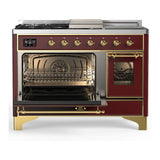 ILVE Majestic III 48-inch Dual Fuel Range with 5 Liquid Propane Burner, Griddle, French Top and Triple Glass Door Electric Oven in Burgundy with Brass Trim (UM48FSNR3BUGLP)