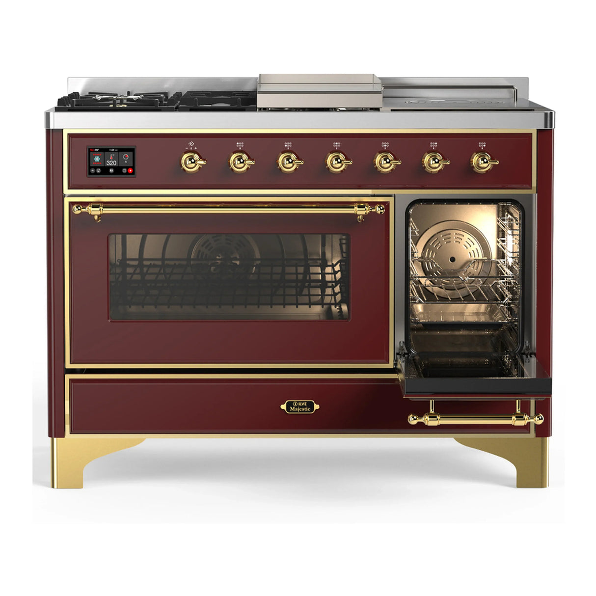 ILVE Majestic III 48-inch Dual Fuel Range with 5 Liquid Propane Burner, Griddle, French Top and Triple Glass Door Electric Oven in Burgundy with Brass Trim (UM48FSNR3BUGLP)