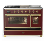 ILVE Majestic III 48-inch Dual Fuel Range with 5 Liquid Propane Burner, Griddle, French Top and Triple Glass Door Electric Oven in Burgundy with Brass Trim (UM48FSNR3BUGLP)
