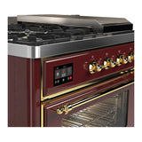 ILVE Majestic III 48-inch Dual Fuel Range with 5 Liquid Propane Burner, Griddle, French Top and Triple Glass Door Electric Oven in Burgundy with Brass Trim (UM48FSNR3BUGLP)