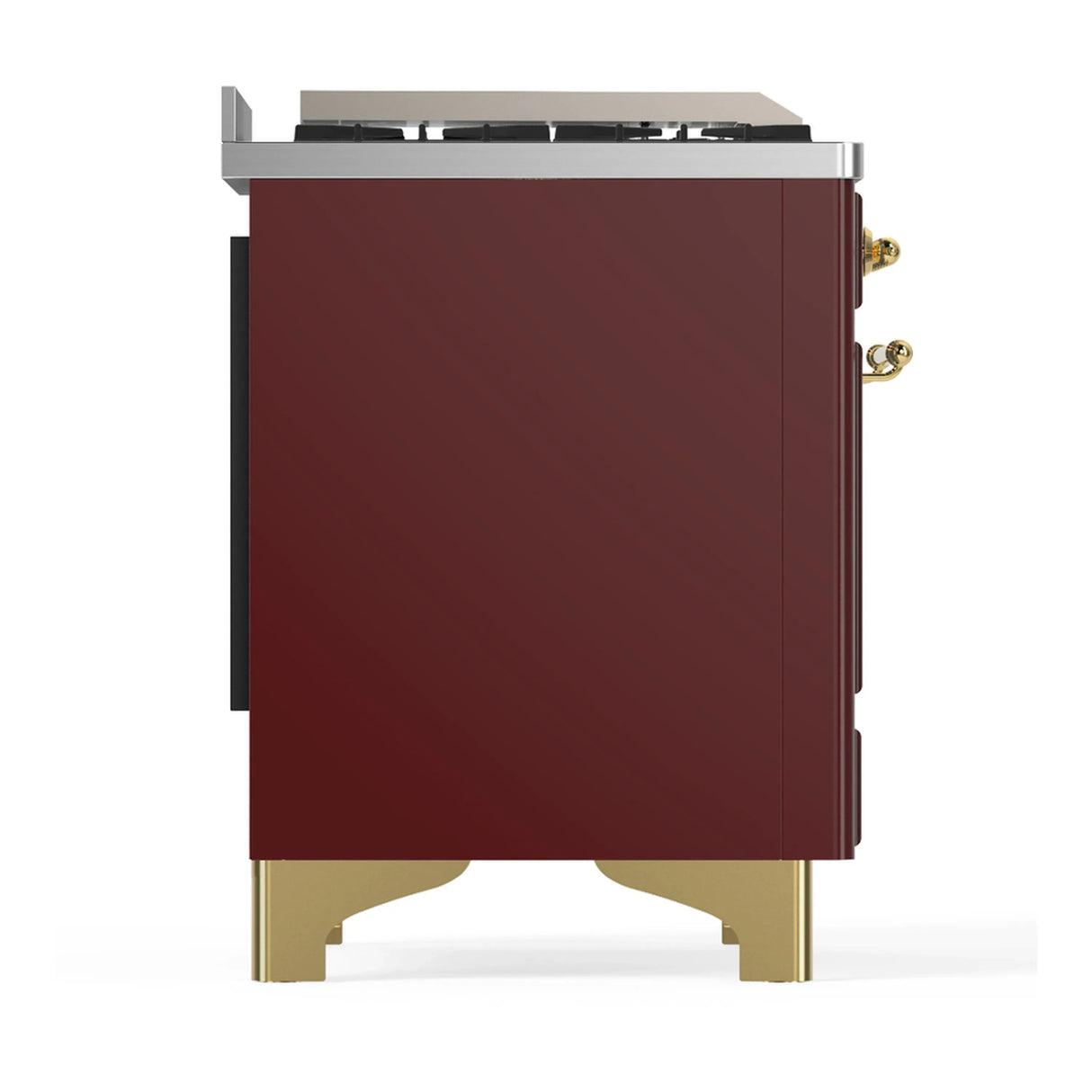 ILVE Majestic III 48-inch Dual Fuel Range with 5 Liquid Propane Burner, Griddle, French Top and Triple Glass Door Electric Oven in Burgundy with Brass Trim (UM48FSNR3BUGLP)