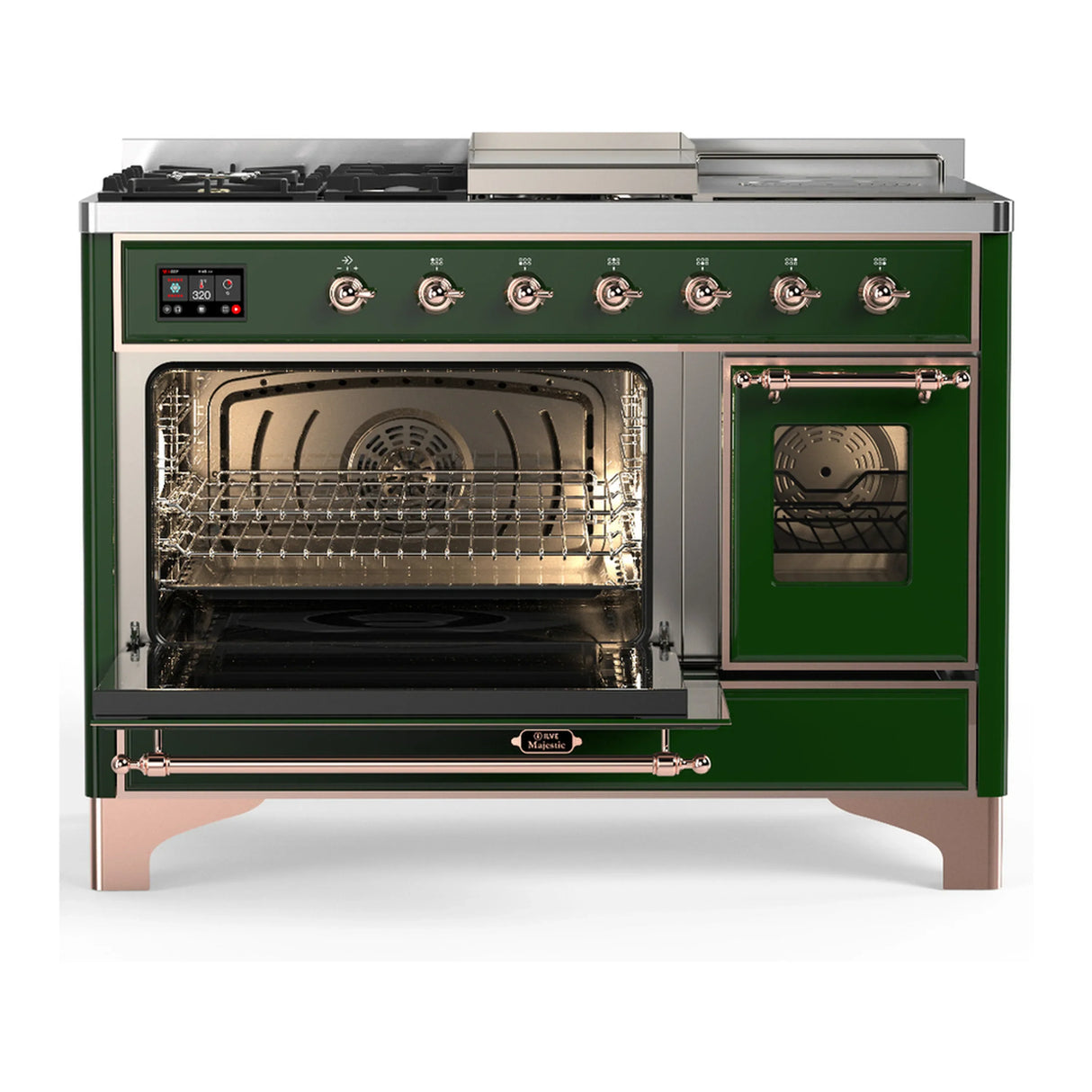 ILVE Majestic III 48-inch Dual Fuel Range with 5 Natural Gas Burner, Griddle, French Top and Triple Glass Door Electric Oven in Emerald Green with Copper Trim (UM48FSNR3EGP)
