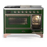 ILVE Majestic III 48-inch Dual Fuel Range with 5 Natural Gas Burner, Griddle, French Top and Triple Glass Door Electric Oven in Emerald Green with Copper Trim (UM48FSNR3EGP)