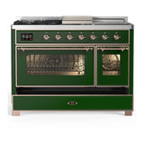 ILVE Majestic III 48-inch Dual Fuel Range with 5 Natural Gas Burner, Griddle, French Top and Triple Glass Door Electric Oven in Emerald Green with Copper Trim (UM48FSNR3EGP)