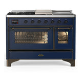ILVE Majestic III 48-inch Dual Fuel Range with 5 Liquid Propane Burner, Griddle, French Top and Triple Glass Door Electric Oven in Midnight Blue with Burnished Trim (UM48FSNR3MBBLP)