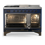 ILVE Majestic III 48-inch Dual Fuel Range with 5 Liquid Propane Burner, Griddle, French Top and Triple Glass Door Electric Oven in Midnight Blue with Burnished Trim (UM48FSNR3MBBLP)