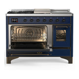 ILVE Majestic III 48-inch Dual Fuel Range with 5 Natural Gas Burner, Griddle, French Top and Triple Glass Door Electric Oven in Midnight Blue with Burnished Trim (UM48FSNR3MBB)