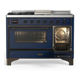 ILVE Majestic III 48-inch Dual Fuel Range with 5 Liquid Propane Burner, Griddle, French Top and Triple Glass Door Electric Oven in Midnight Blue with Burnished Trim (UM48FSNR3MBBLP)