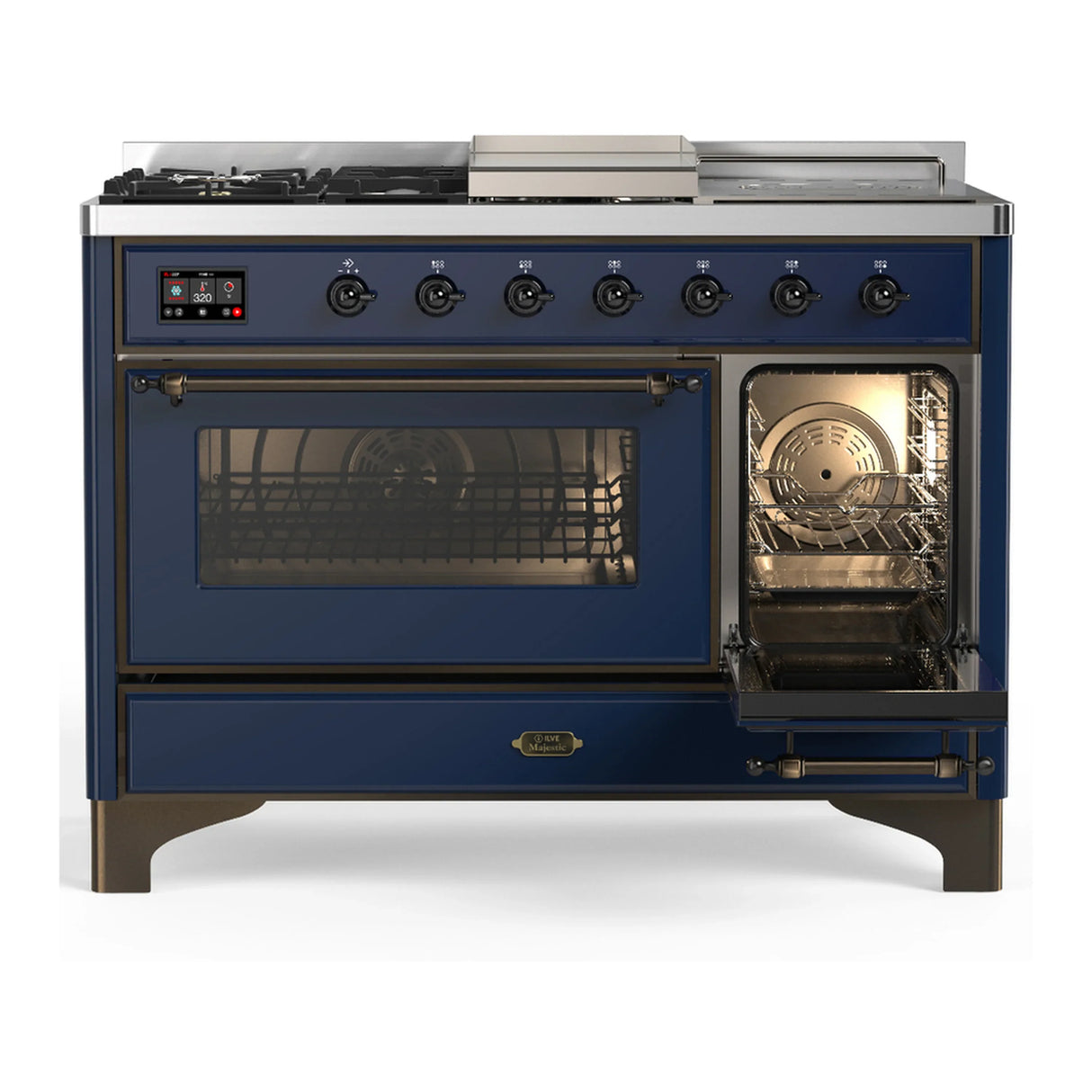 ILVE Majestic III 48-inch Dual Fuel Range with 5 Natural Gas Burner, Griddle, French Top and Triple Glass Door Electric Oven in Midnight Blue with Burnished Trim (UM48FSNR3MBB)