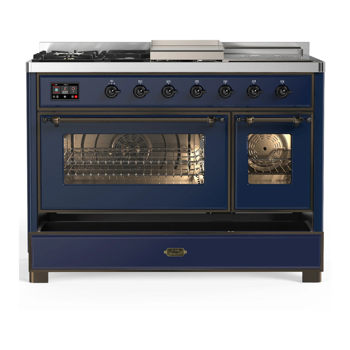 ILVE Majestic III 48-inch Dual Fuel Range with 5 Liquid Propane Burner, Griddle, French Top and Triple Glass Door Electric Oven in Midnight Blue with Burnished Trim (UM48FSNR3MBBLP)