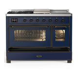 ILVE Majestic III 48-inch Dual Fuel Range with 5 Liquid Propane Burner, Griddle, French Top and Triple Glass Door Electric Oven in Midnight Blue with Burnished Trim (UM48FSNR3MBBLP)
