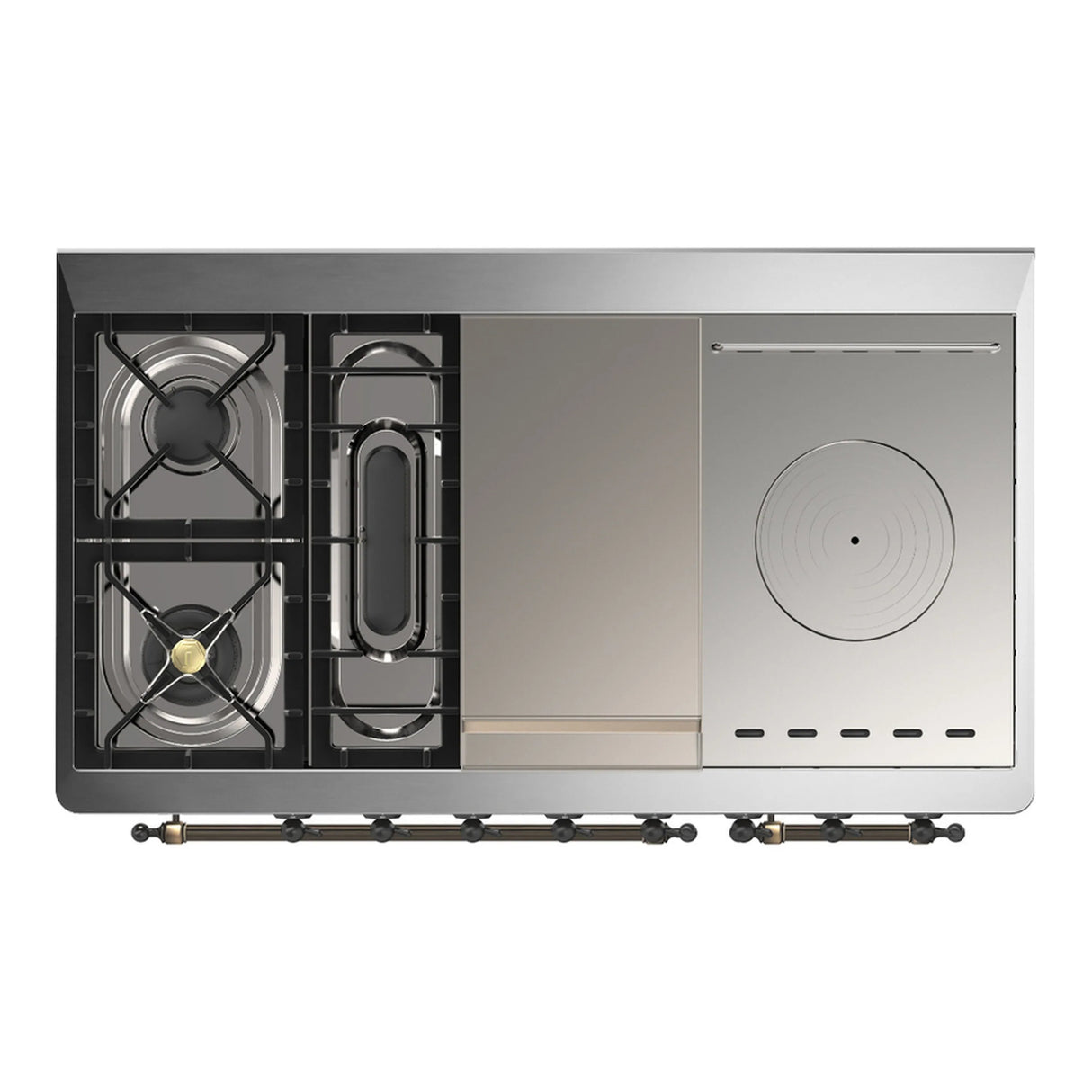 ILVE Majestic III 48-inch Dual Fuel Range with 5 Natural Gas Burner, Griddle, French Top and Triple Glass Door Electric Oven in Midnight Blue with Burnished Trim (UM48FSNR3MBB)