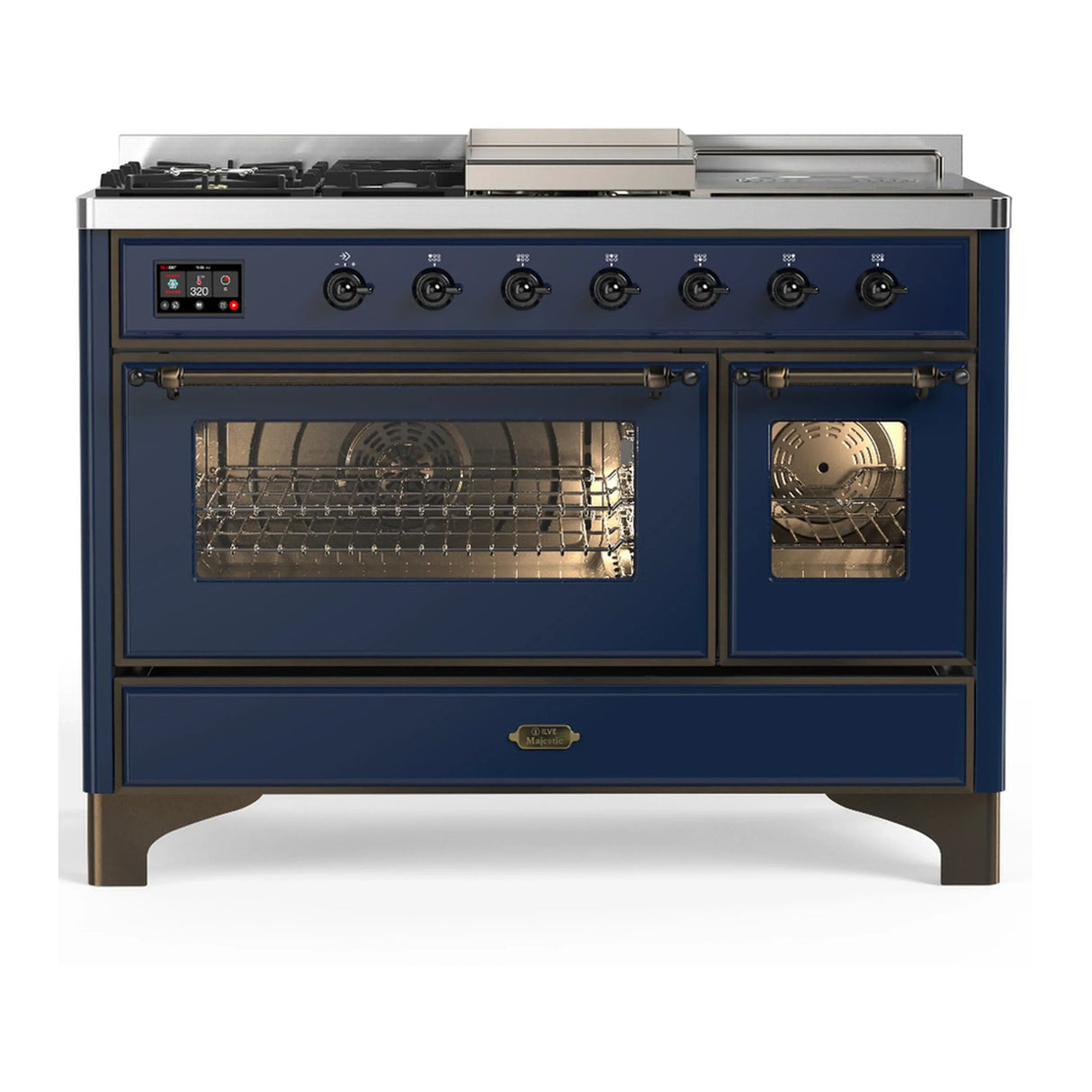 ILVE Majestic III 48-inch Dual Fuel Range with 5 Natural Gas Burner, Griddle, French Top and Triple Glass Door Electric Oven in Midnight Blue with Burnished Trim (UM48FSNR3MBB)