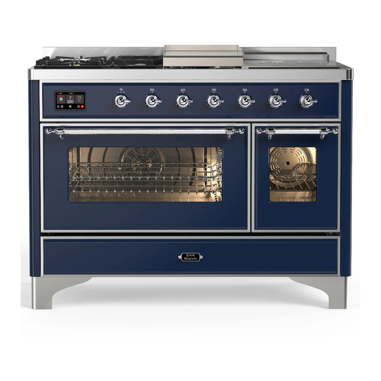 ILVE Majestic III 48-inch Dual Fuel Range with 5 Liquid Propane Burner, Griddle, French Top and Triple Glass Door Electric Oven in Midnight Blue with Chrome Trim (UM48FSNR3MBCLP)