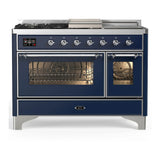 ILVE Majestic III 48-inch Dual Fuel Range with 5 Liquid Propane Burner, Griddle, French Top and Triple Glass Door Electric Oven in Midnight Blue with Chrome Trim (UM48FSNR3MBCLP)