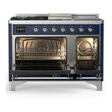 ILVE Majestic III 48-inch Dual Fuel Range with 5 Liquid Propane Burner, Griddle, French Top and Triple Glass Door Electric Oven in Midnight Blue with Chrome Trim (UM48FSNR3MBCLP)