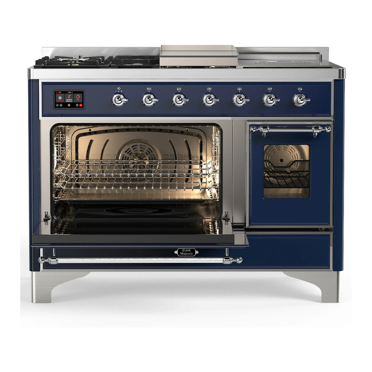 ILVE Majestic III 48-inch Dual Fuel Range with 5 Liquid Propane Burner, Griddle, French Top and Triple Glass Door Electric Oven in Midnight Blue with Chrome Trim (UM48FSNR3MBCLP)