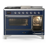 ILVE Majestic III 48-inch Dual Fuel Range with 5 Natural Gas Burner, Griddle, French Top and Triple Glass Door Electric Oven in Midnight Blue with Chrome Trim (UM48FSNR3MBC)