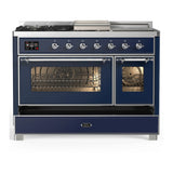 ILVE Majestic III 48-inch Dual Fuel Range with 5 Natural Gas Burner, Griddle, French Top and Triple Glass Door Electric Oven in Midnight Blue with Chrome Trim (UM48FSNR3MBC)