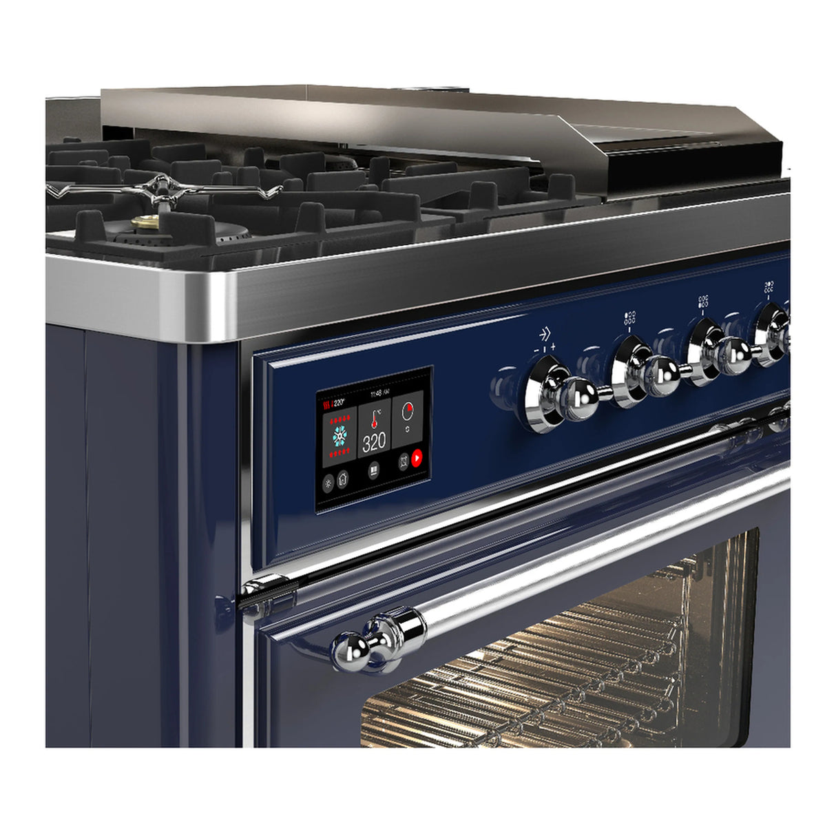 ILVE Majestic III 48-inch Dual Fuel Range with 5 Liquid Propane Burner, Griddle, French Top and Triple Glass Door Electric Oven in Midnight Blue with Chrome Trim (UM48FSNR3MBCLP)