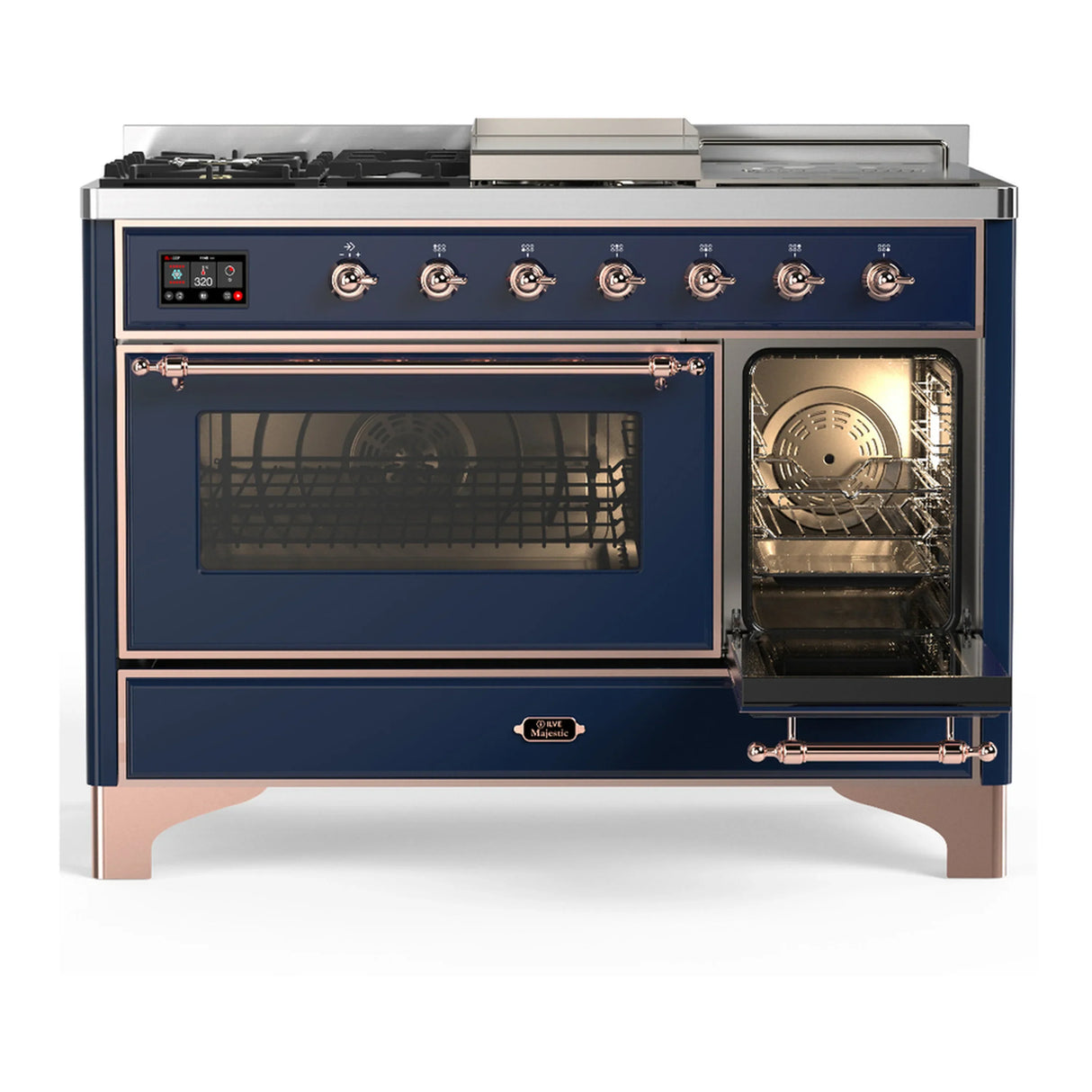 ILVE Majestic III 48-inch Dual Fuel Range with 5 Liquid Propane Burner, Griddle, French Top and Triple Glass Door Electric Oven in Midnight Blue with Copper Trim (UM48FSNR3MBPLP)