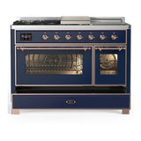ILVE Majestic III 48-inch Dual Fuel Range with 5 Liquid Propane Burner, Griddle, French Top and Triple Glass Door Electric Oven in Midnight Blue with Copper Trim (UM48FSNR3MBPLP)