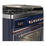 ILVE Majestic III 48-inch Dual Fuel Range with 5 Liquid Propane Burner, Griddle, French Top and Triple Glass Door Electric Oven in Midnight Blue with Copper Trim (UM48FSNR3MBPLP)