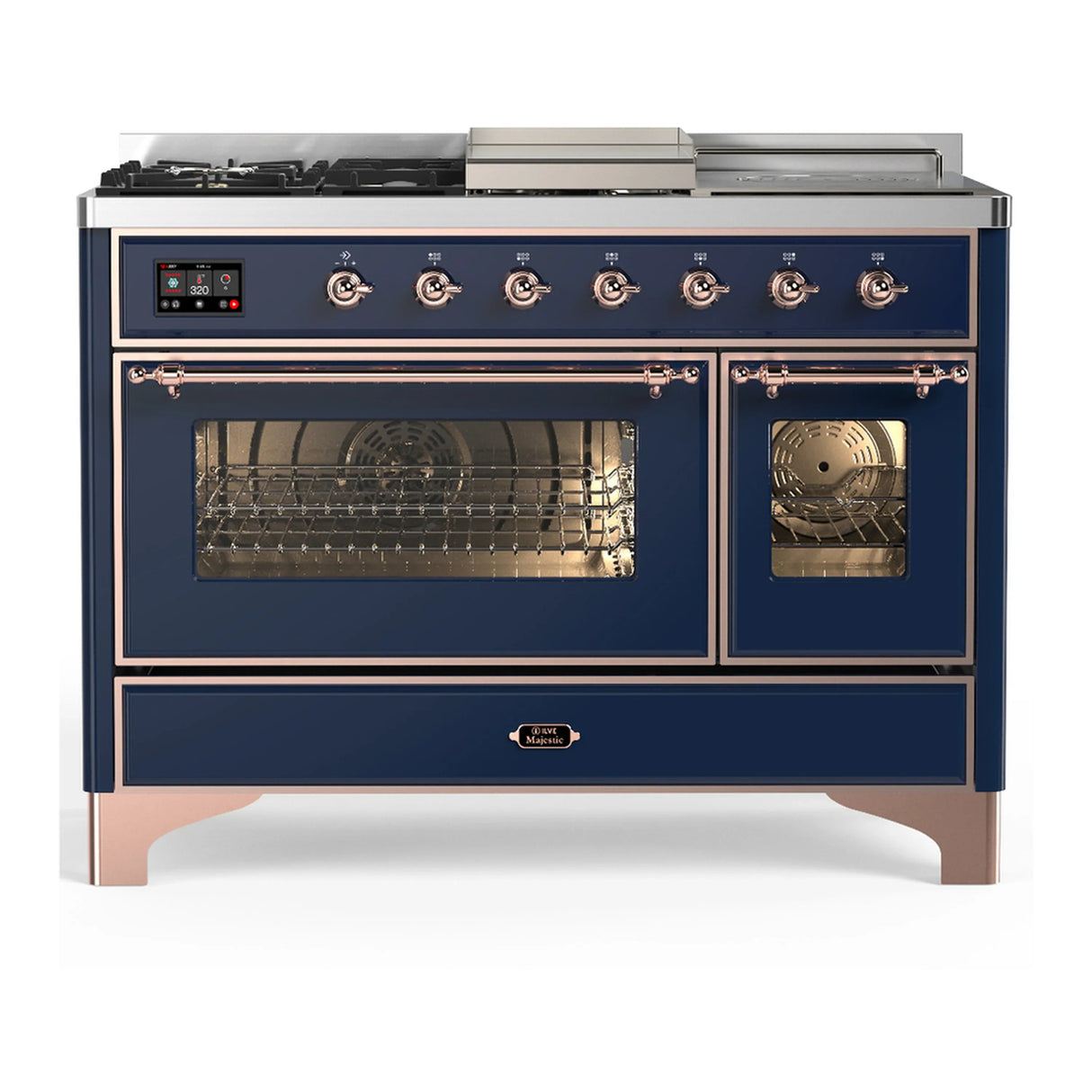 ILVE Majestic III 48-inch Dual Fuel Range with 5 Liquid Propane Burner, Griddle, French Top and Triple Glass Door Electric Oven in Midnight Blue with Copper Trim (UM48FSNR3MBPLP)