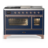 ILVE Majestic III 48-inch Dual Fuel Range with 5 Liquid Propane Burner, Griddle, French Top and Triple Glass Door Electric Oven in Midnight Blue with Copper Trim (UM48FSNR3MBPLP)