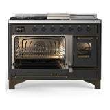 ILVE Majestic III 48-inch Dual Fuel Range with 5 Liquid Propane Burner, Griddle, French Top and Triple Glass Door Electric Oven in Graphite Matte with Burnished Trim (UM48FSNR3MGBLP)