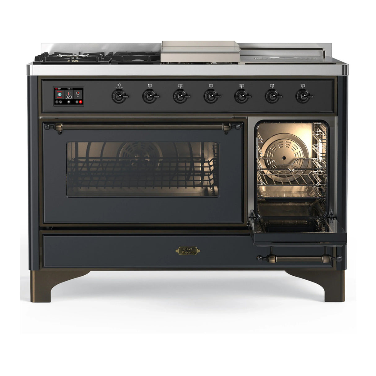 ILVE Majestic III 48-inch Dual Fuel Range with 5 Liquid Propane Burner, Griddle, French Top and Triple Glass Door Electric Oven in Graphite Matte with Burnished Trim (UM48FSNR3MGBLP)