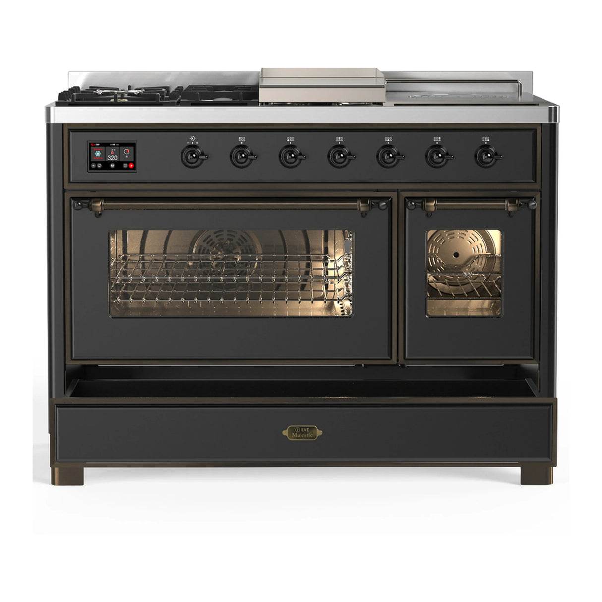 ILVE Majestic III 48-inch Dual Fuel Range with 5 Liquid Propane Burner, Griddle, French Top and Triple Glass Door Electric Oven in Graphite Matte with Burnished Trim (UM48FSNR3MGBLP)