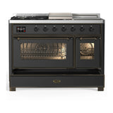 ILVE Majestic III 48-inch Dual Fuel Range with 5 Liquid Propane Burner, Griddle, French Top and Triple Glass Door Electric Oven in Graphite Matte with Burnished Trim (UM48FSNR3MGBLP)