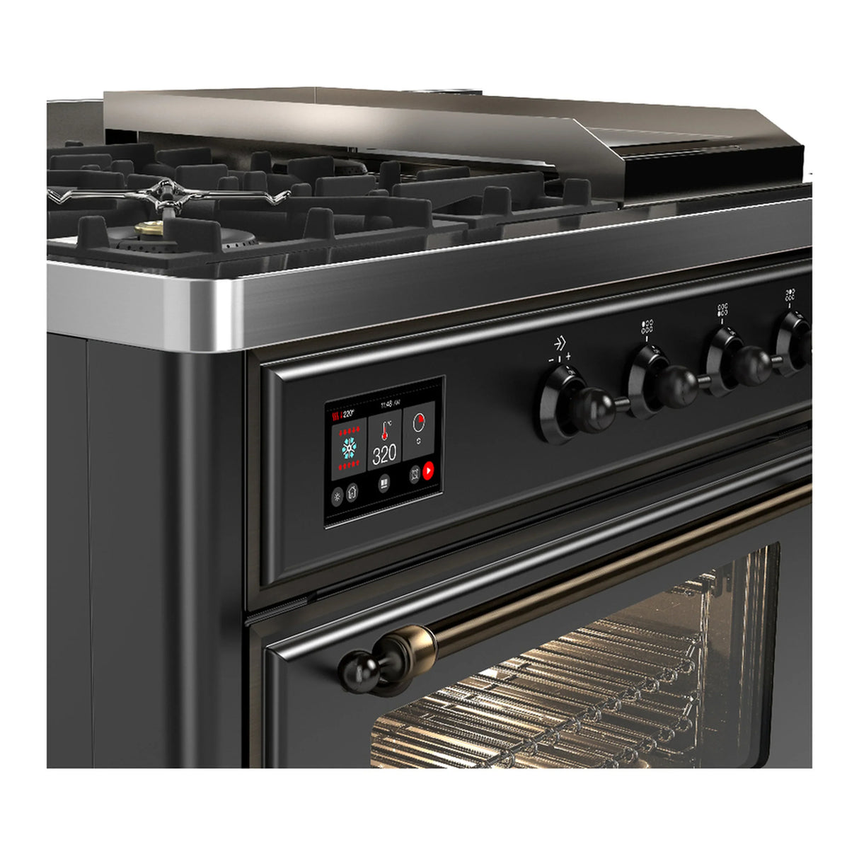 ILVE Majestic III 48-inch Dual Fuel Range with 5 Liquid Propane Burner, Griddle, French Top and Triple Glass Door Electric Oven in Graphite Matte with Burnished Trim (UM48FSNR3MGBLP)