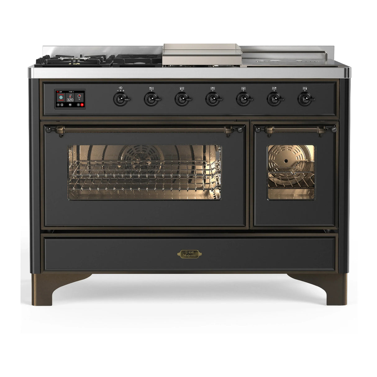 ILVE Majestic III 48-inch Dual Fuel Range with 5 Liquid Propane Burner, Griddle, French Top and Triple Glass Door Electric Oven in Graphite Matte with Burnished Trim (UM48FSNR3MGBLP)