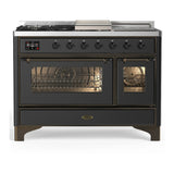 ILVE Majestic III 48-inch Dual Fuel Range with 5 Liquid Propane Burner, Griddle, French Top and Triple Glass Door Electric Oven in Graphite Matte with Burnished Trim (UM48FSNR3MGBLP)