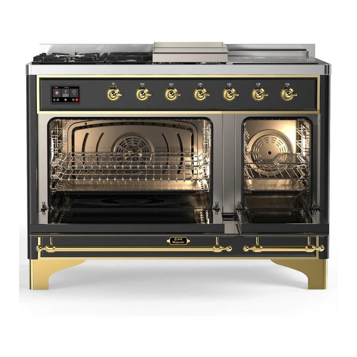 ILVE Majestic III 48-inch Dual Fuel Range with 5 Liquid Propane Burner, Griddle, French Top and Triple Glass Door Electric Oven in Graphite Matte with Brass Trim (UM48FSNR3MGGLP)