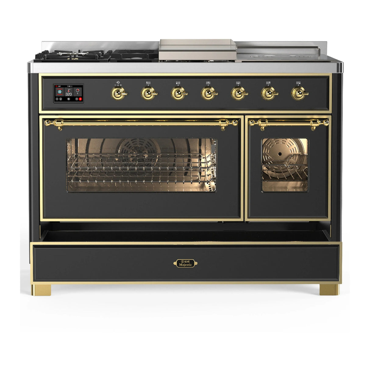 ILVE Majestic III 48-inch Dual Fuel Range with 5 Liquid Propane Burner, Griddle, French Top and Triple Glass Door Electric Oven in Graphite Matte with Brass Trim (UM48FSNR3MGGLP)