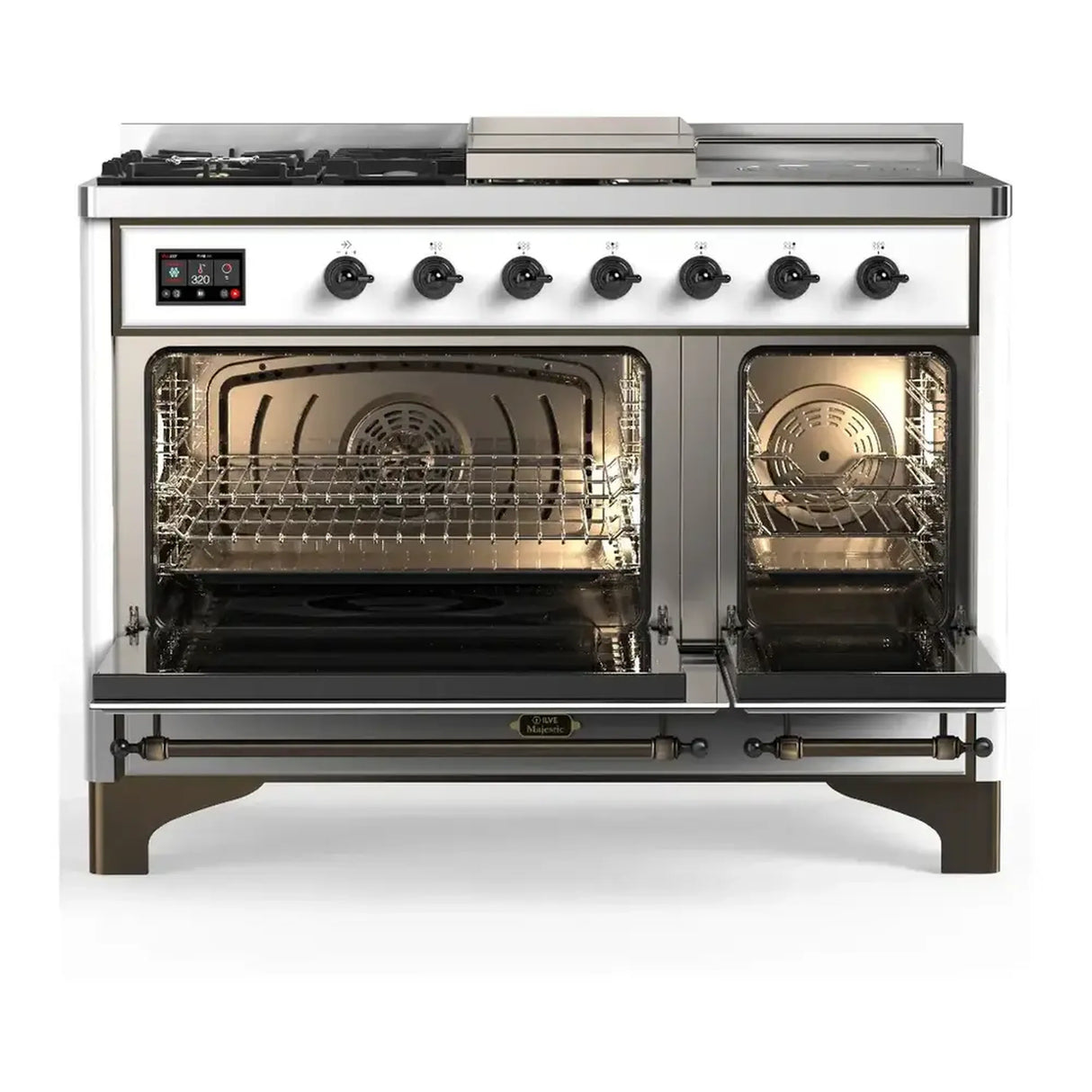 ILVE Majestic III 48-inch Dual Fuel Range with 5 Liquid Propane Burner, Griddle, French Top and Triple Glass Door Electric Oven in RAL with Burnished Trim (UM48FSNR3RABLP)