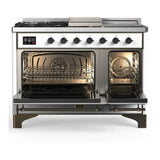 ILVE Majestic III 48-inch Dual Fuel Range with 5 Liquid Propane Burner, Griddle, French Top and Triple Glass Door Electric Oven in RAL with Burnished Trim (UM48FSNR3RABLP)