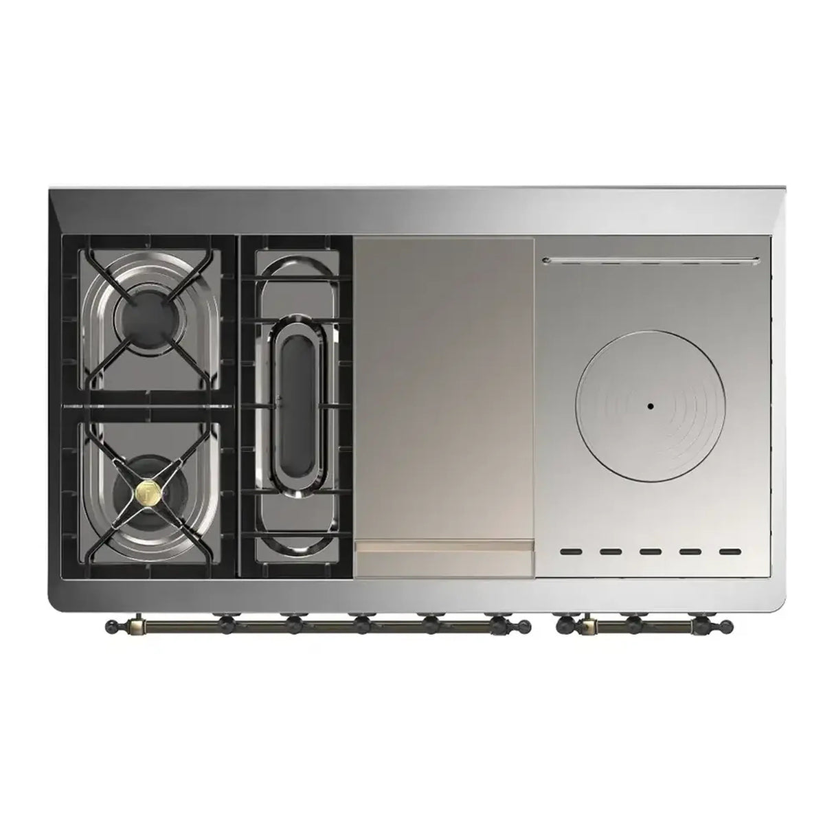 ILVE Majestic III 48-inch Dual Fuel Range with 5 Liquid Propane Burner, Griddle, French Top and Triple Glass Door Electric Oven in RAL with Burnished Trim (UM48FSNR3RABLP)