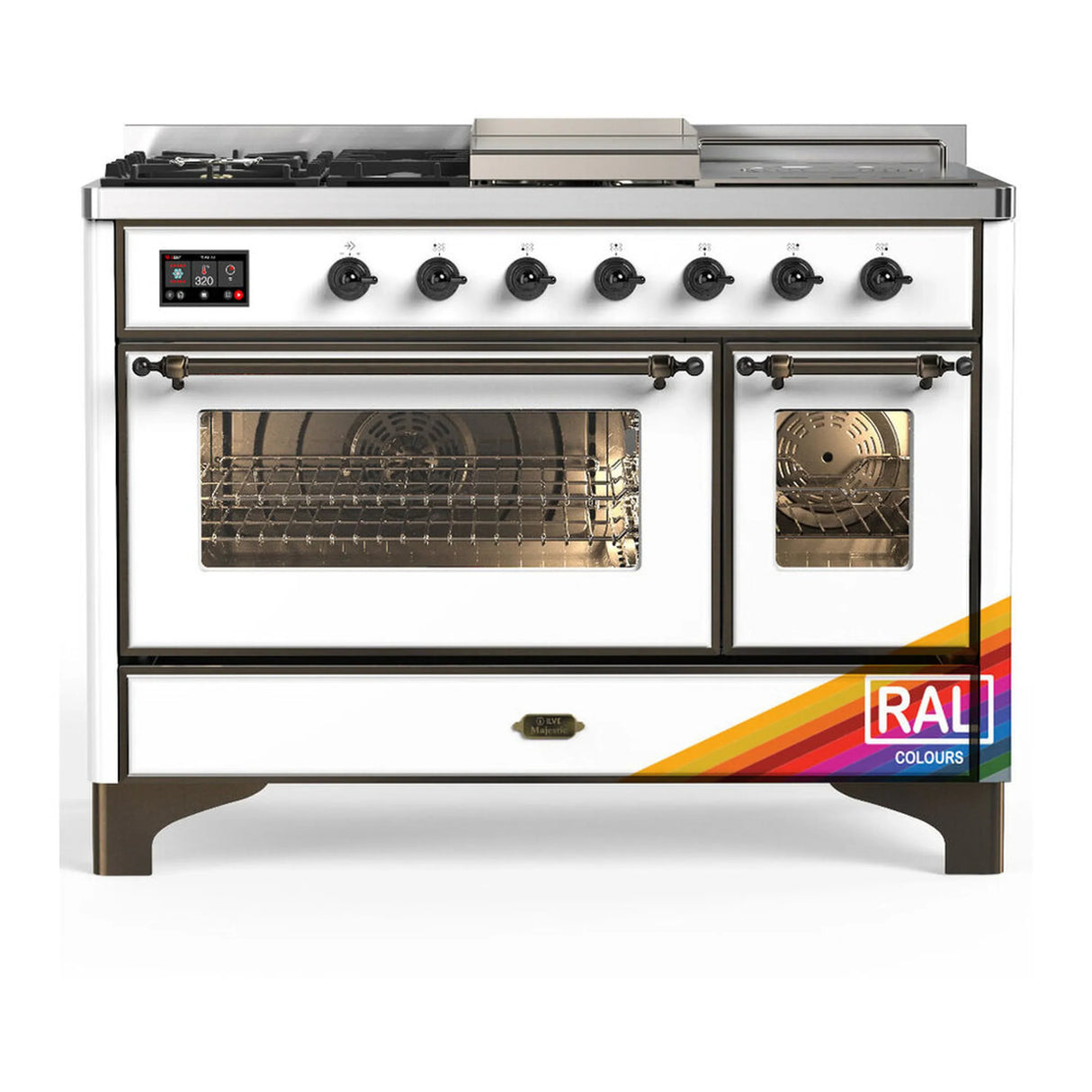 ILVE Majestic III 48-inch Dual Fuel Range with 5 Liquid Propane Burner, Griddle, French Top and Triple Glass Door Electric Oven in RAL with Burnished Trim (UM48FSNR3RABLP)