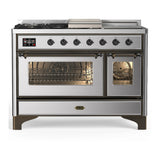 ILVE Majestic III 48-inch Dual Fuel Range with 5 Natural Gas Burner, Griddle, French Top and Triple Glass Door Electric Oven in Stainless Steel with Burnished Trim (UM48FSNR3SSB)