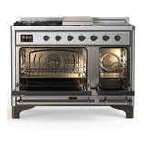 ILVE Majestic III 48-inch Dual Fuel Range with 5 Liquid Propane Burner, Griddle, French Top and Triple Glass Door Electric Oven in Stainless Steel with Burnished Trim (UM48FSNR3SSBLP)