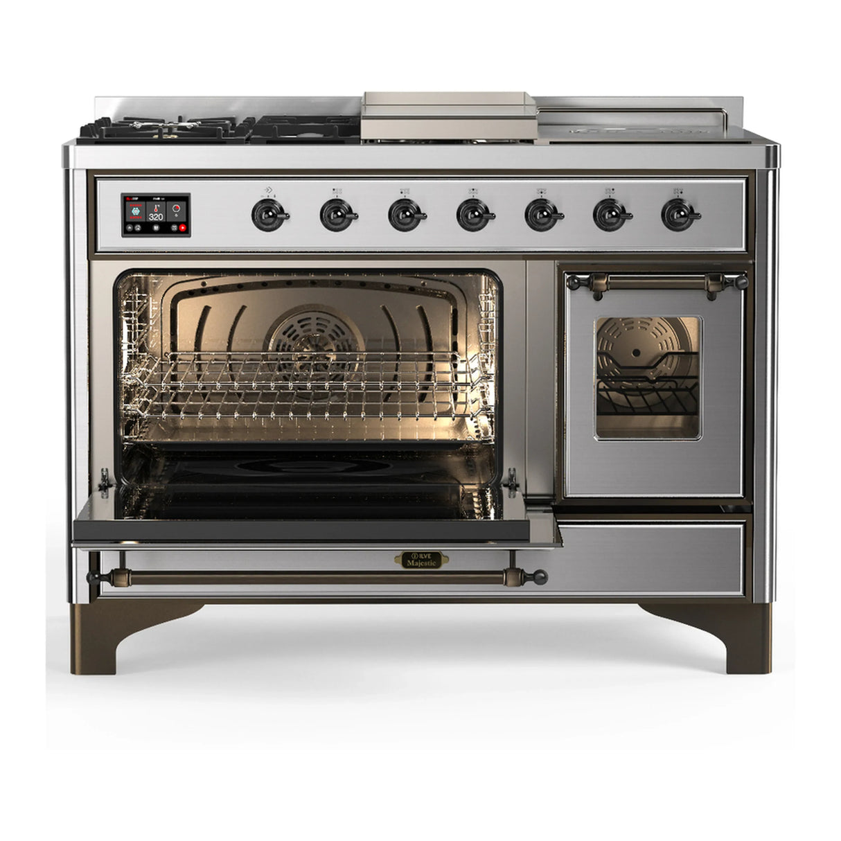 ILVE Majestic III 48-inch Dual Fuel Range with 5 Liquid Propane Burner, Griddle, French Top and Triple Glass Door Electric Oven in Stainless Steel with Burnished Trim (UM48FSNR3SSBLP)