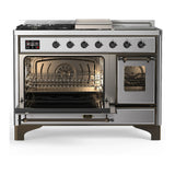 ILVE Majestic III 48-inch Dual Fuel Range with 5 Liquid Propane Burner, Griddle, French Top and Triple Glass Door Electric Oven in Stainless Steel with Burnished Trim (UM48FSNR3SSBLP)