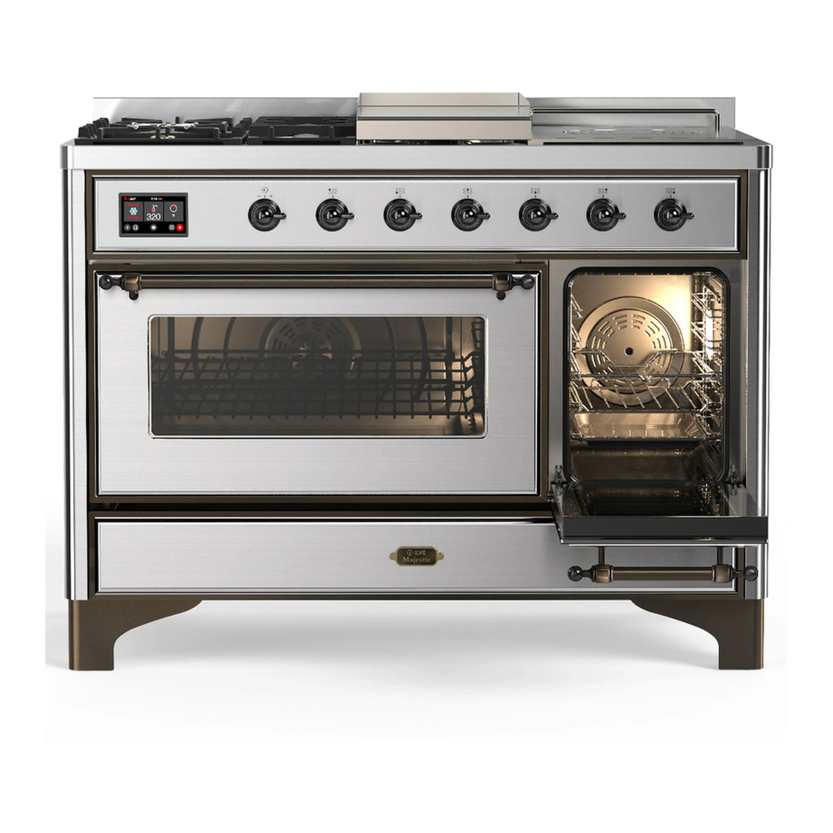 ILVE Majestic III 48-inch Dual Fuel Range with 5 Liquid Propane Burner, Griddle, French Top and Triple Glass Door Electric Oven in Stainless Steel with Burnished Trim (UM48FSNR3SSBLP)