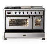 ILVE Majestic III 48-inch Dual Fuel Range with 5 Natural Gas Burner, Griddle, French Top and Triple Glass Door Electric Oven in Stainless Steel with Burnished Trim (UM48FSNR3SSB)